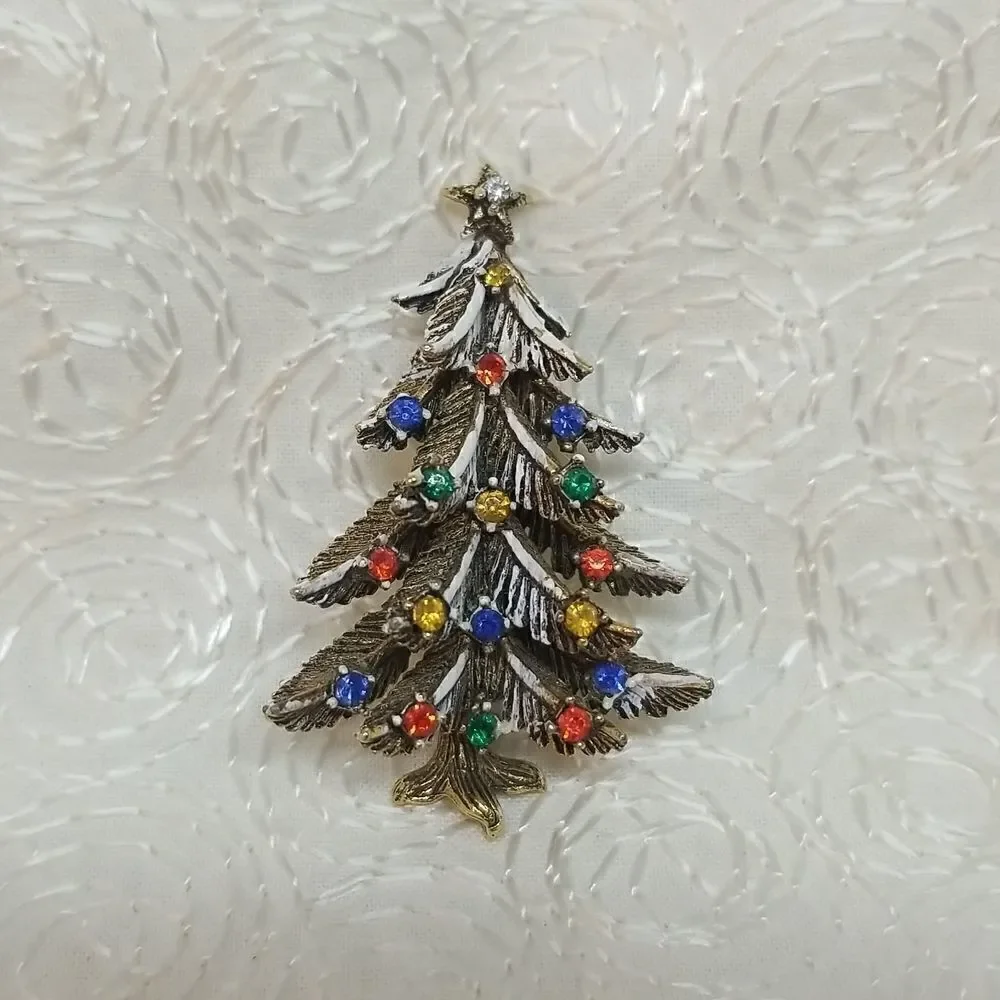 ART Brooch Pin Frosted Christmas Tree Rhinestones Vintage Brooch Pin